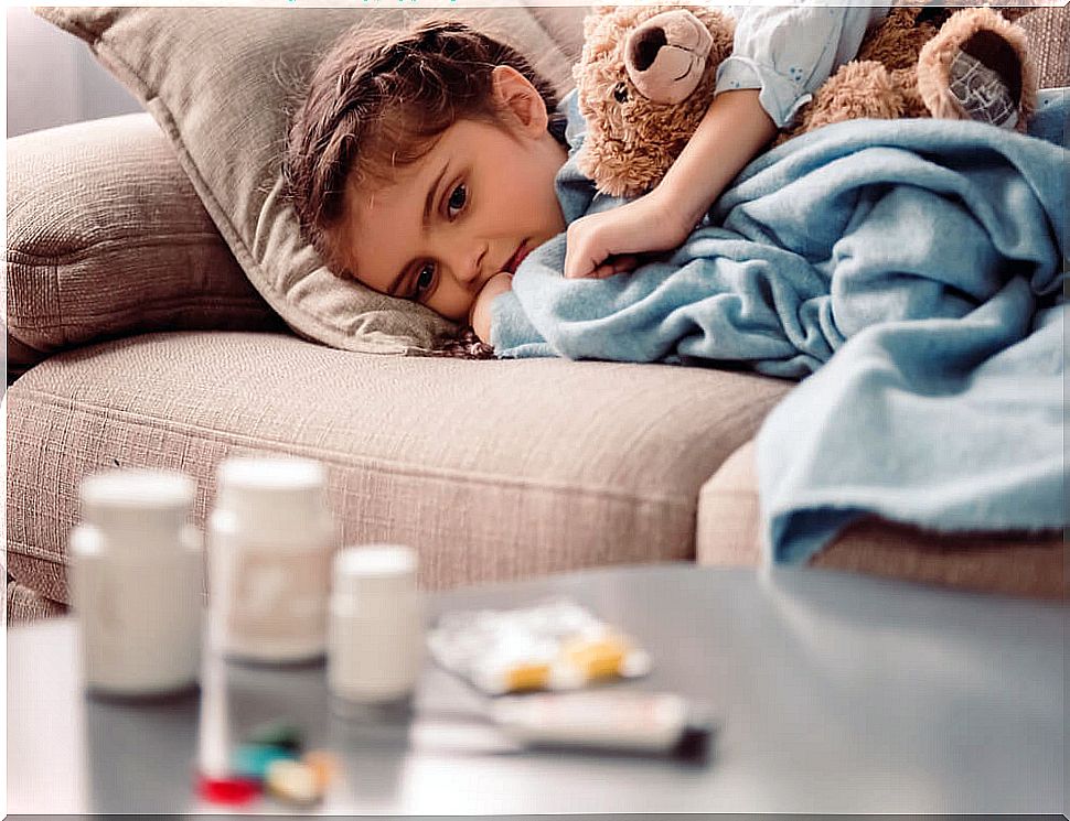 Child on the couch looking at medications: cause of stereotyped movement disorder.